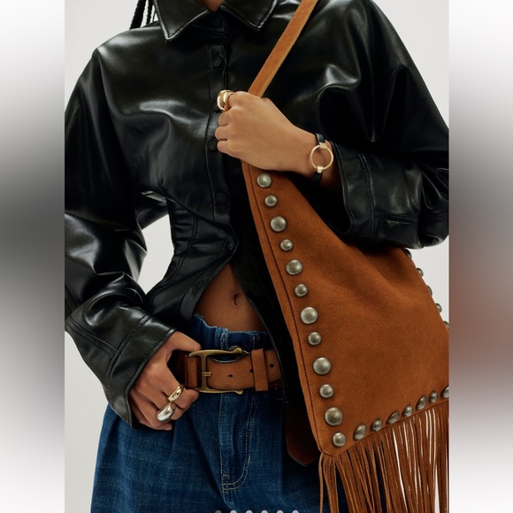 Free People Catalina Studded Suede Fringe Crossbody Bag in Cognac - Picture 2 of 8